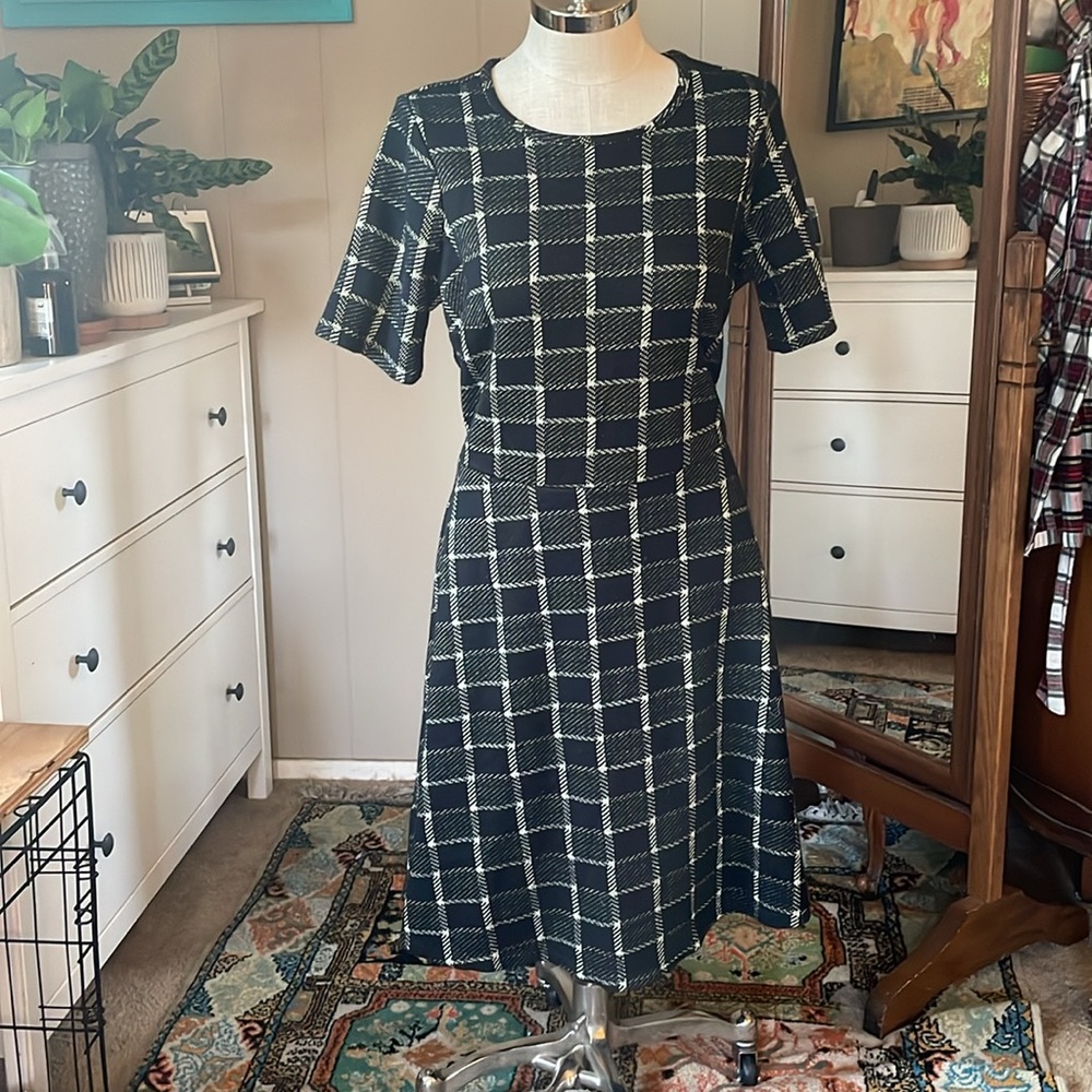 MODCLOTH Dress Womens Plus Size 1X Half Sleeve Black Gold Plaid Fit Flare